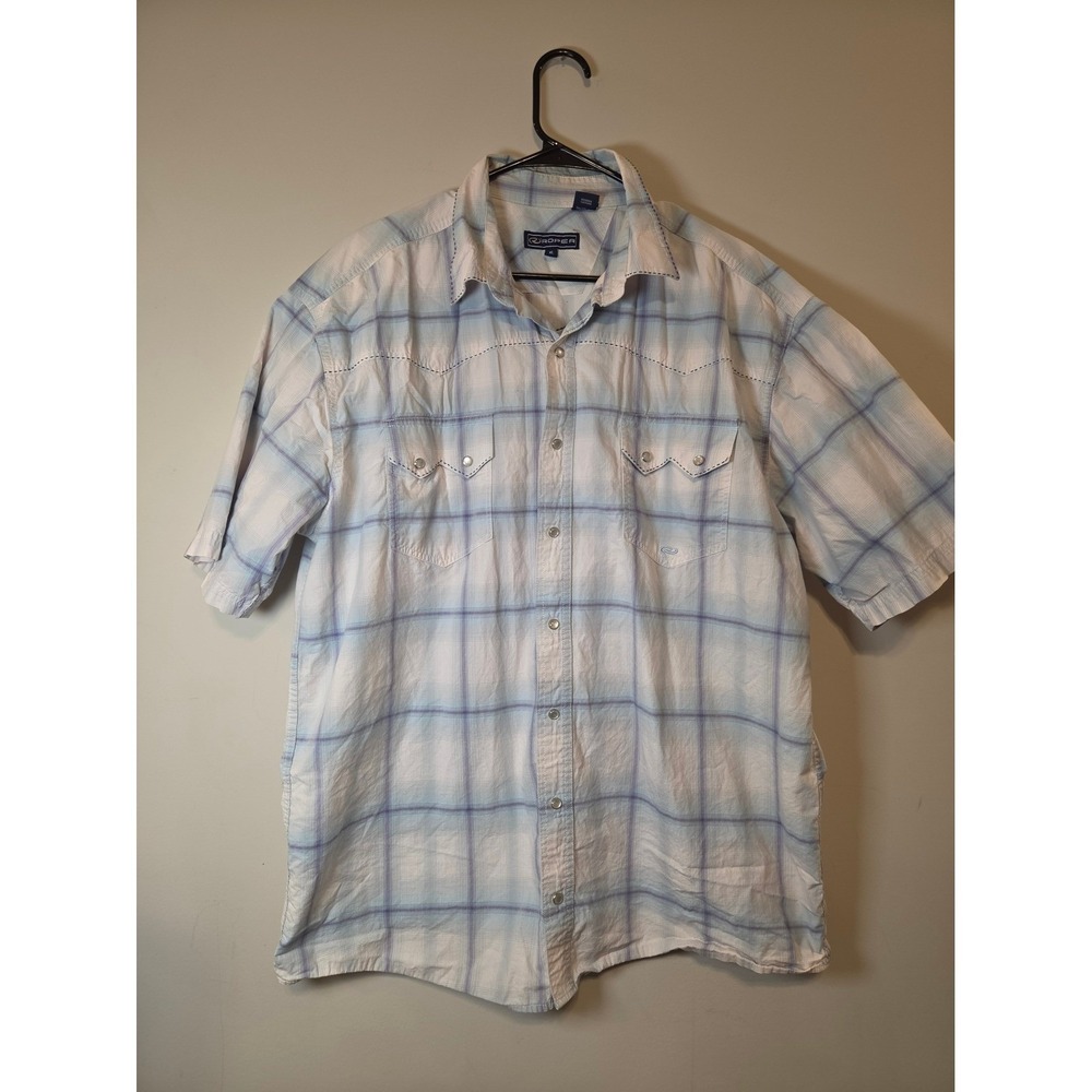 Roper Mens XL Western Shirt Short Sleeve Plaid Pearl Snap Blue White Cotton